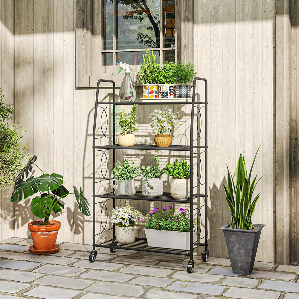 Outsunny 4 Shelf Metal Multipurpose Plant Stand with Lockable Wheels Image 2