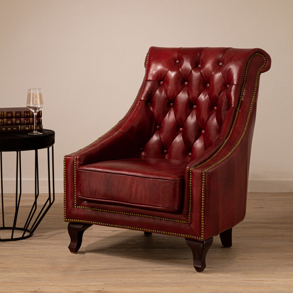 Premier Housewares Victor Deep Red Leather Tufted Back Lounge Chair Image 7