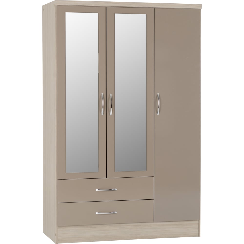 Seconique Nevada 3 Door 2 Drawer Oyster Gloss and Light Oak Veneer Mirror Wardrobe Image 2