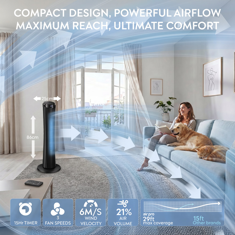 Air Pro Black Oscillating Bladeless Tower Fan with Remote 34 inch Image 9
