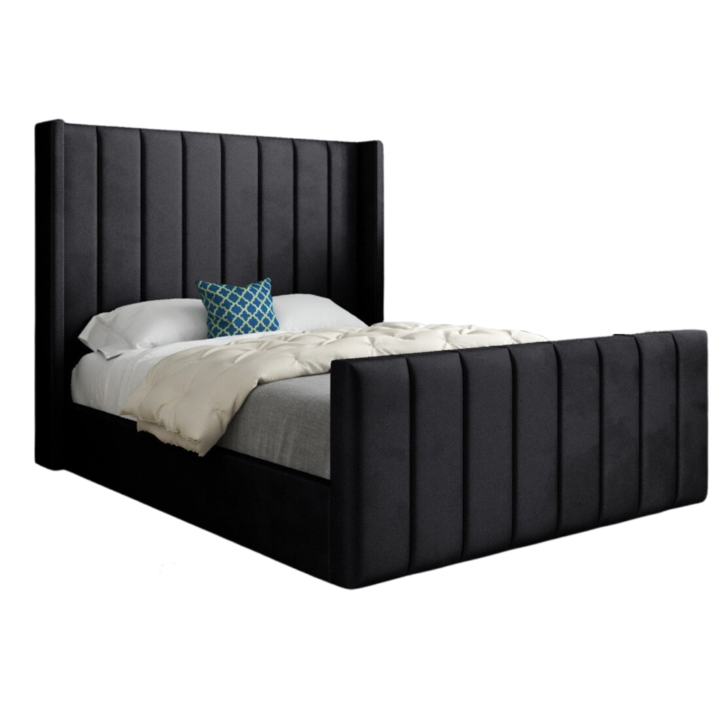 Romano Single Black Soft Velvet Upholstered Bed Frame with Straight Winged Headboard Image 2