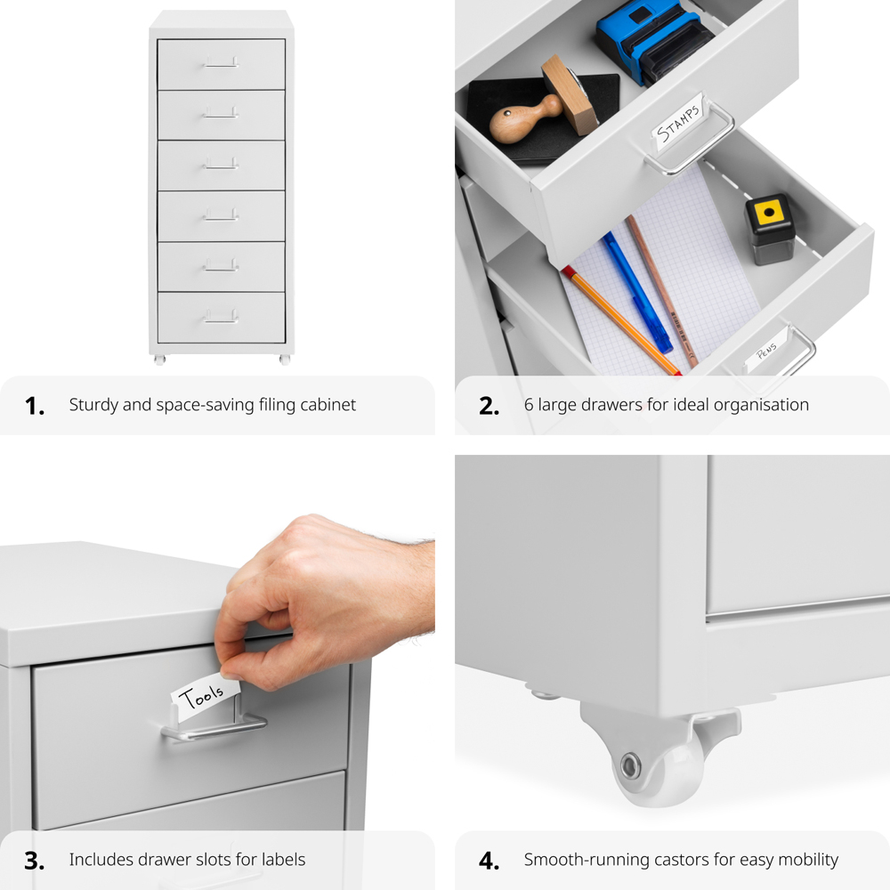 tectake 6 Drawer Light Grey Steel Filing Cabinet Image 5