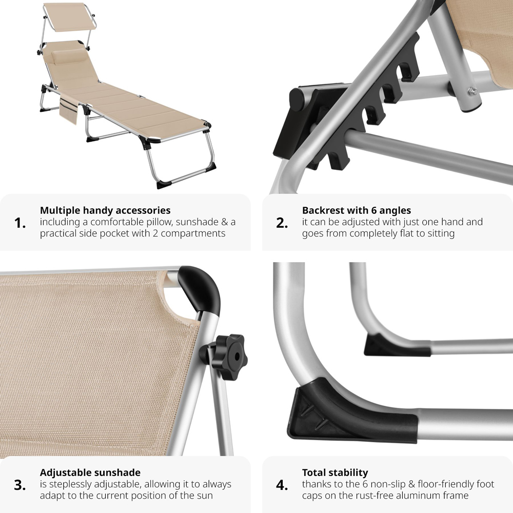 tectake Lorella Beige Aluminium Frame Foldable Sun Lounger Image 6