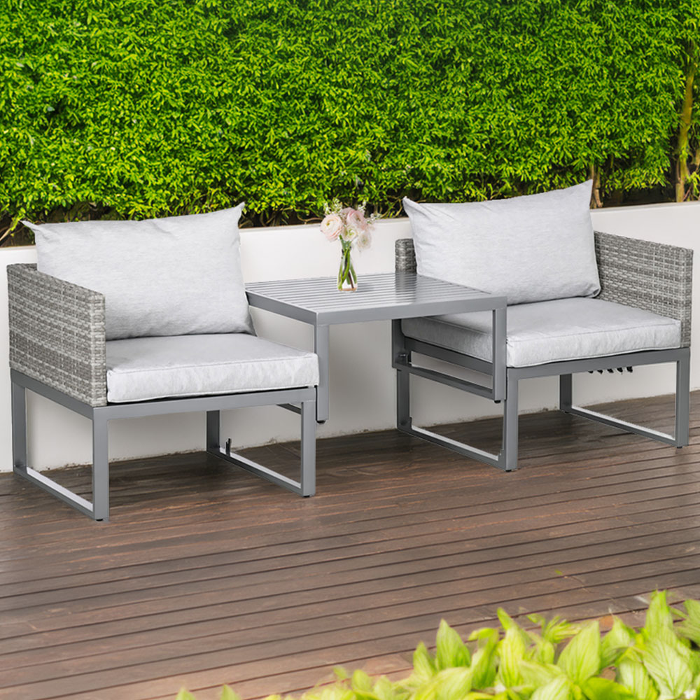 Outsunny 2 Seater Grey 3 in 1 PE Rattan Sun Lounger Sofa Set Image 1
