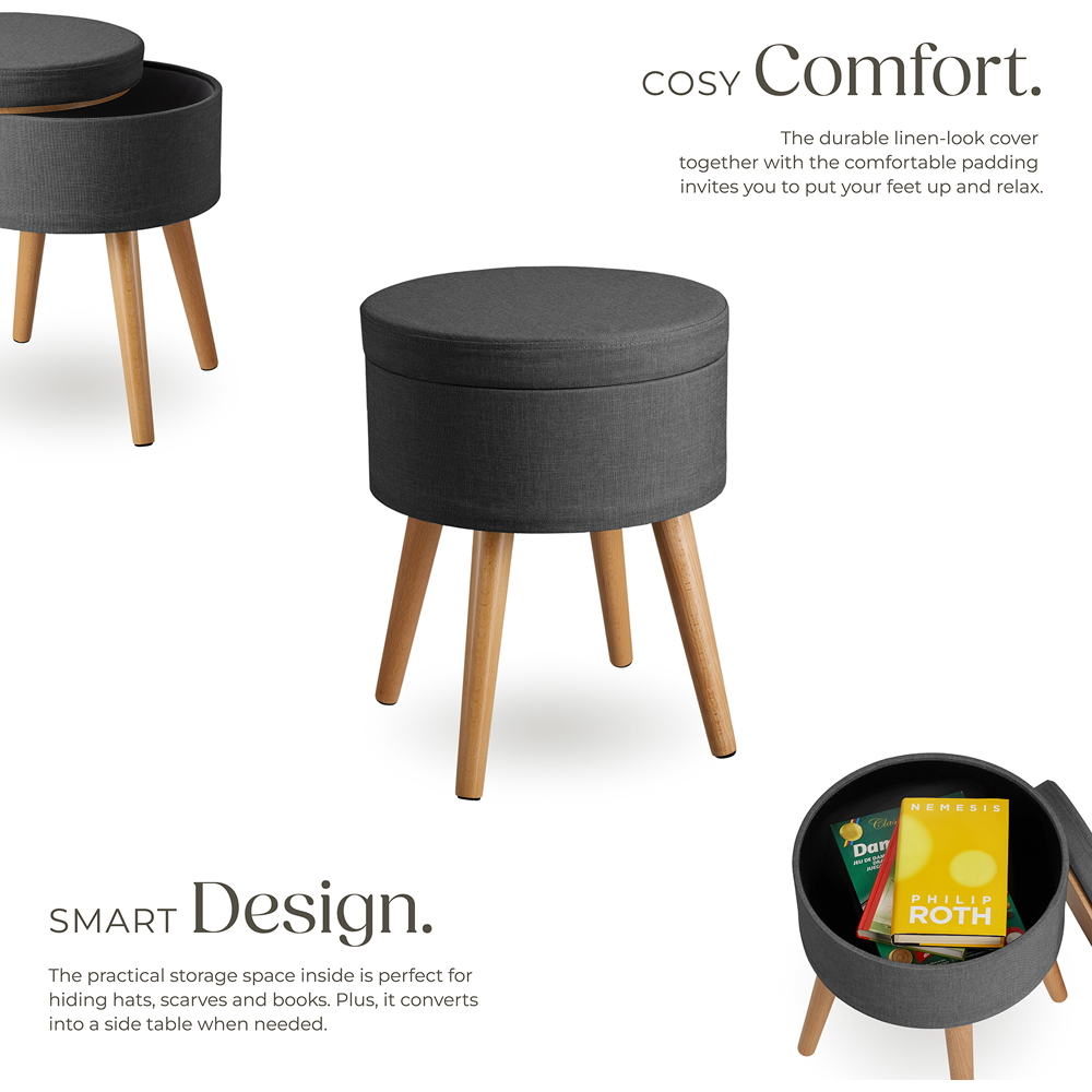 tectake Yara Dark Grey Linen Look Padded Round Stool with Storage Image 3