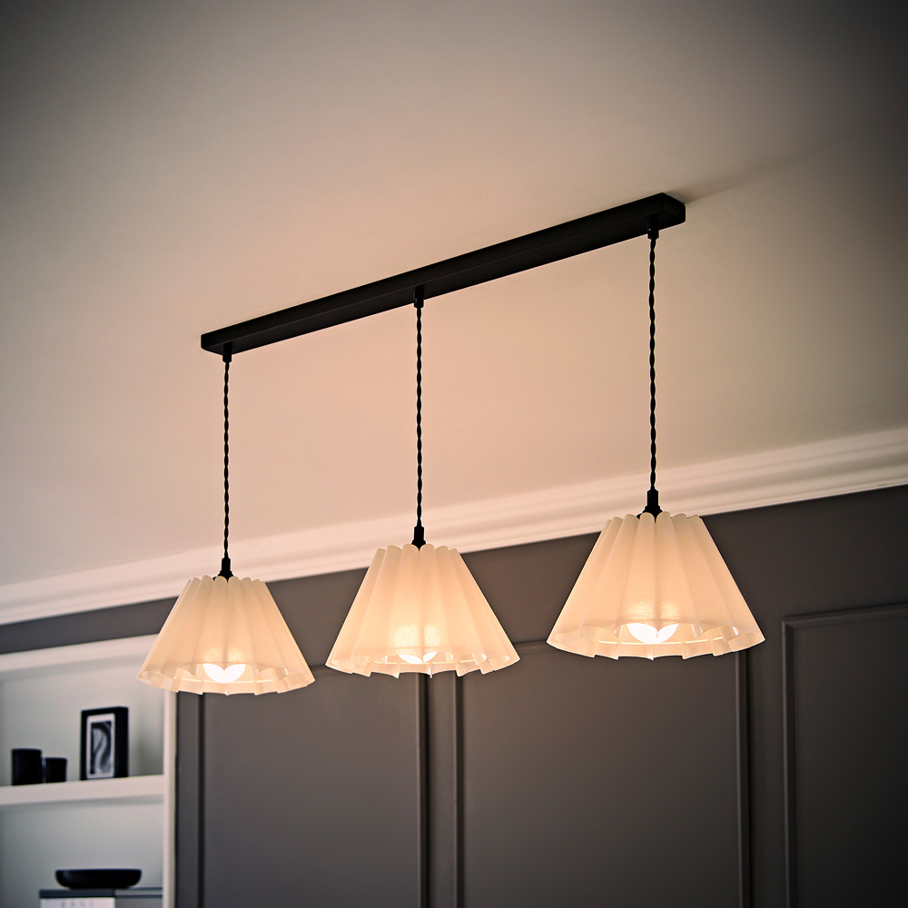 ValueLights Lauren White Pleat 3 Drop Bar Matte Black Diner LED Ceiling Pendant Light Image 6