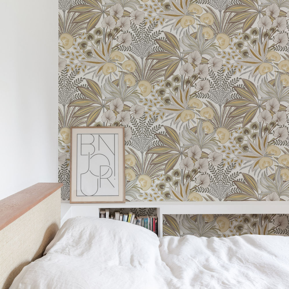 Grandeco Jody Retro Jungle Botanical Textured Neutral and Grey Wallpaper Image 2
