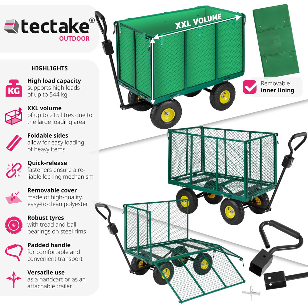 tectake Green Garden Trolley with Foldable Side Walls and Padded Handle 544kg Image 6