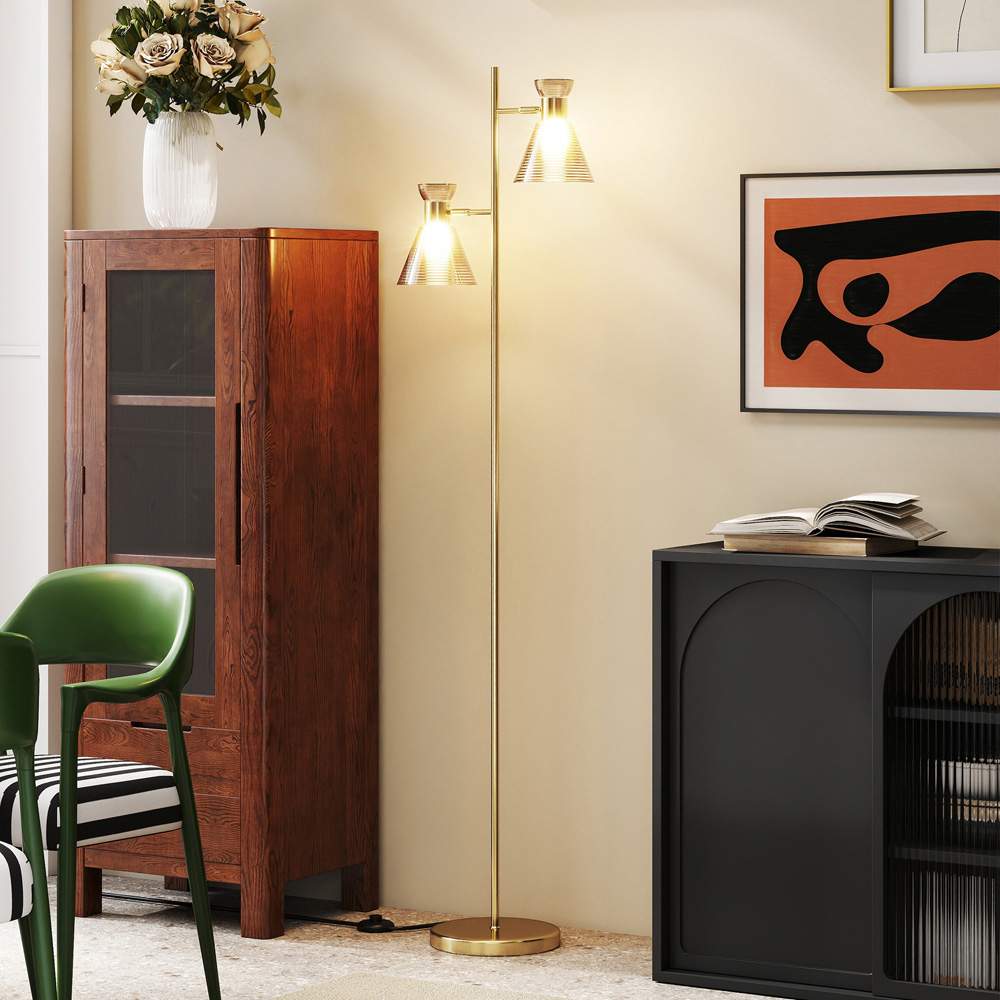 HOMCOM Gold Tone Adjustable Dual Head Floor Lamp Image 3