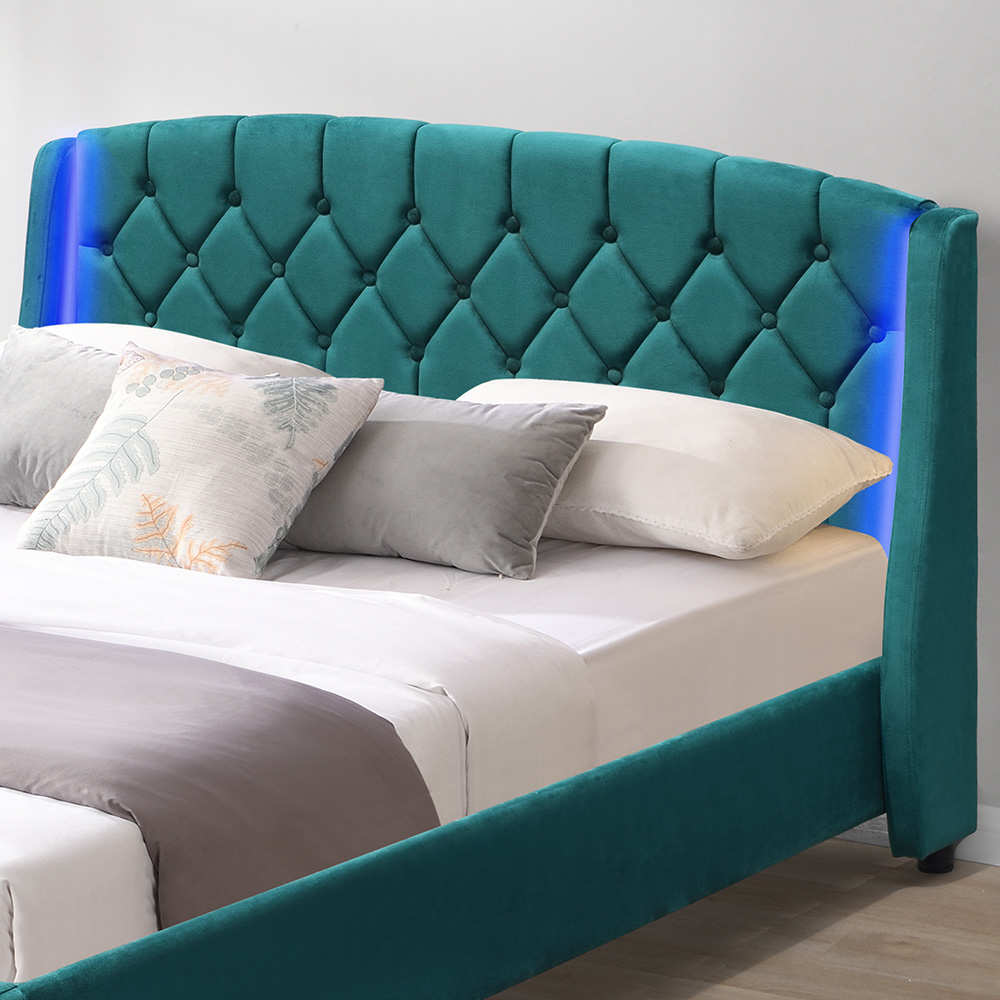 Comfy Living Double Green Fabric Bed Frame with LED Headboard Image 2