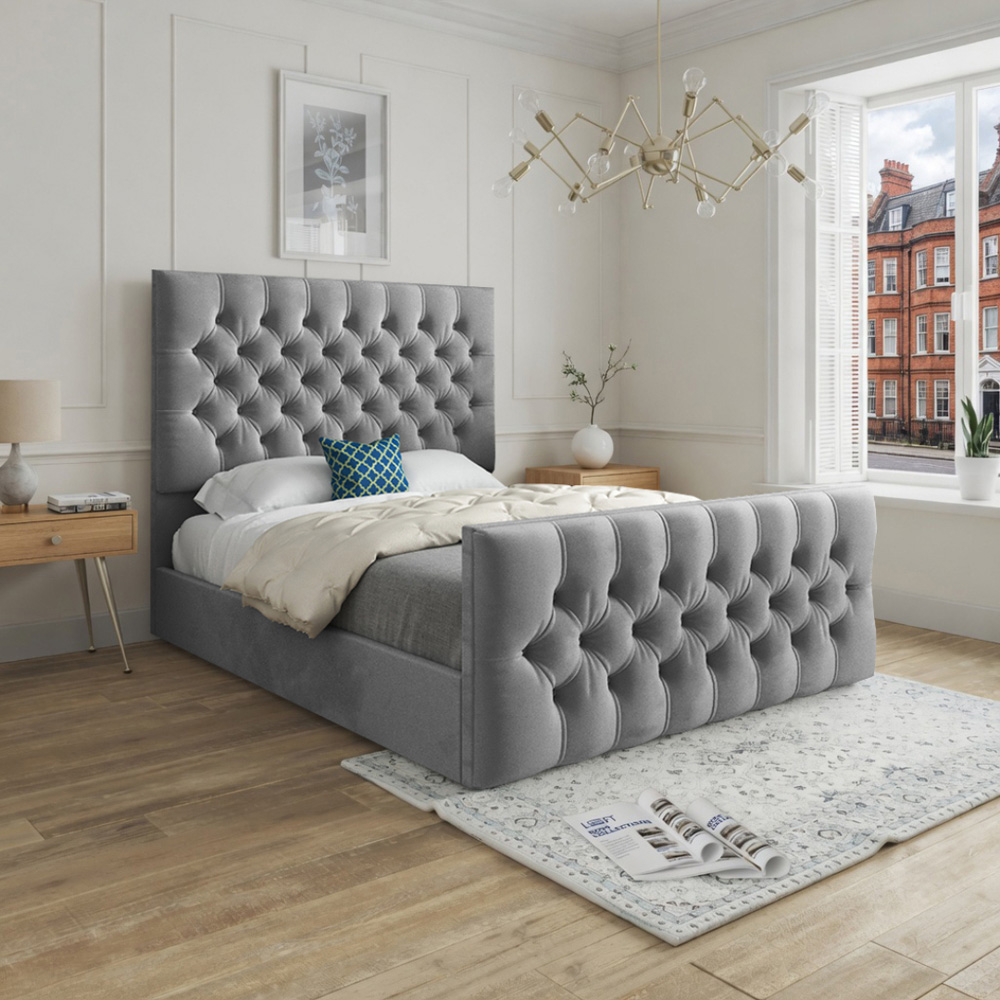 Novara Grey King Size Velvet Upholstered Bed Frame with Pleated Chesterfield Headboard Image 5