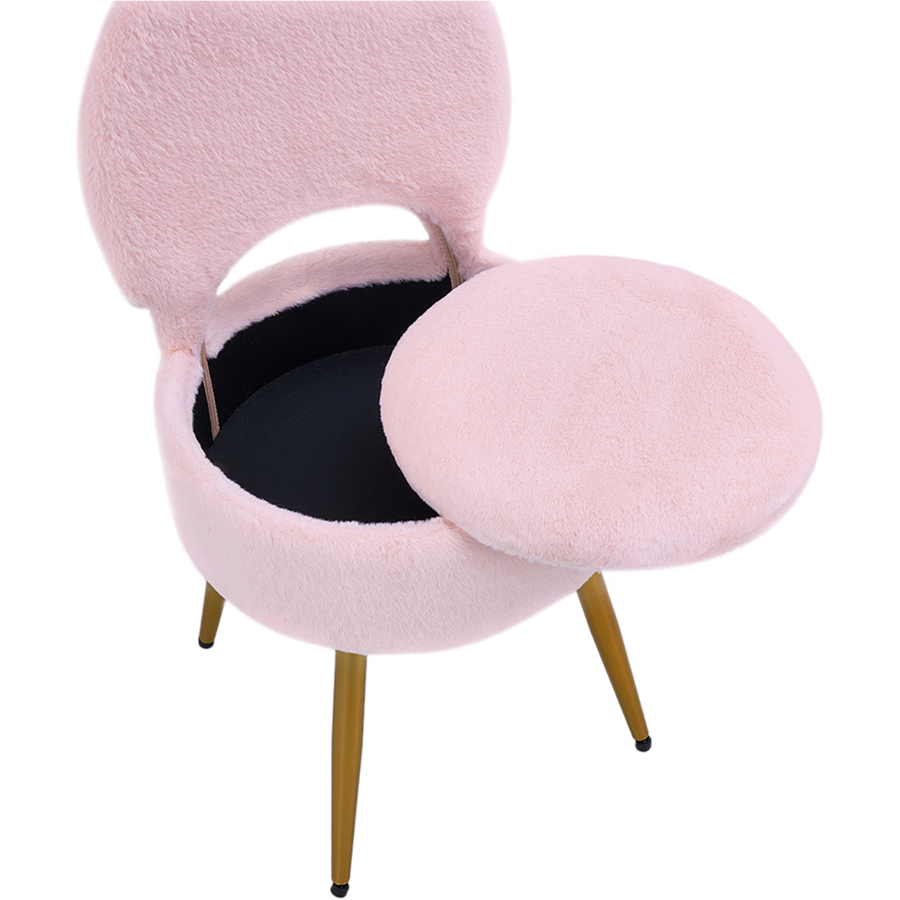 Living and Home Pink Faux Rabbit Fur Round Back Foldable Vanity Chair with Storage Image 3