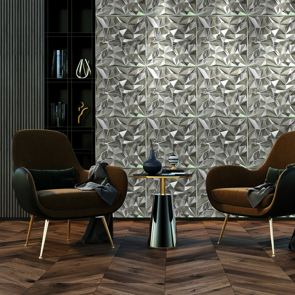 Britwall 3D Silver Faceted Diamond PVC Wall Panel 500 x 500 x 1mm 4 Pack Image 4