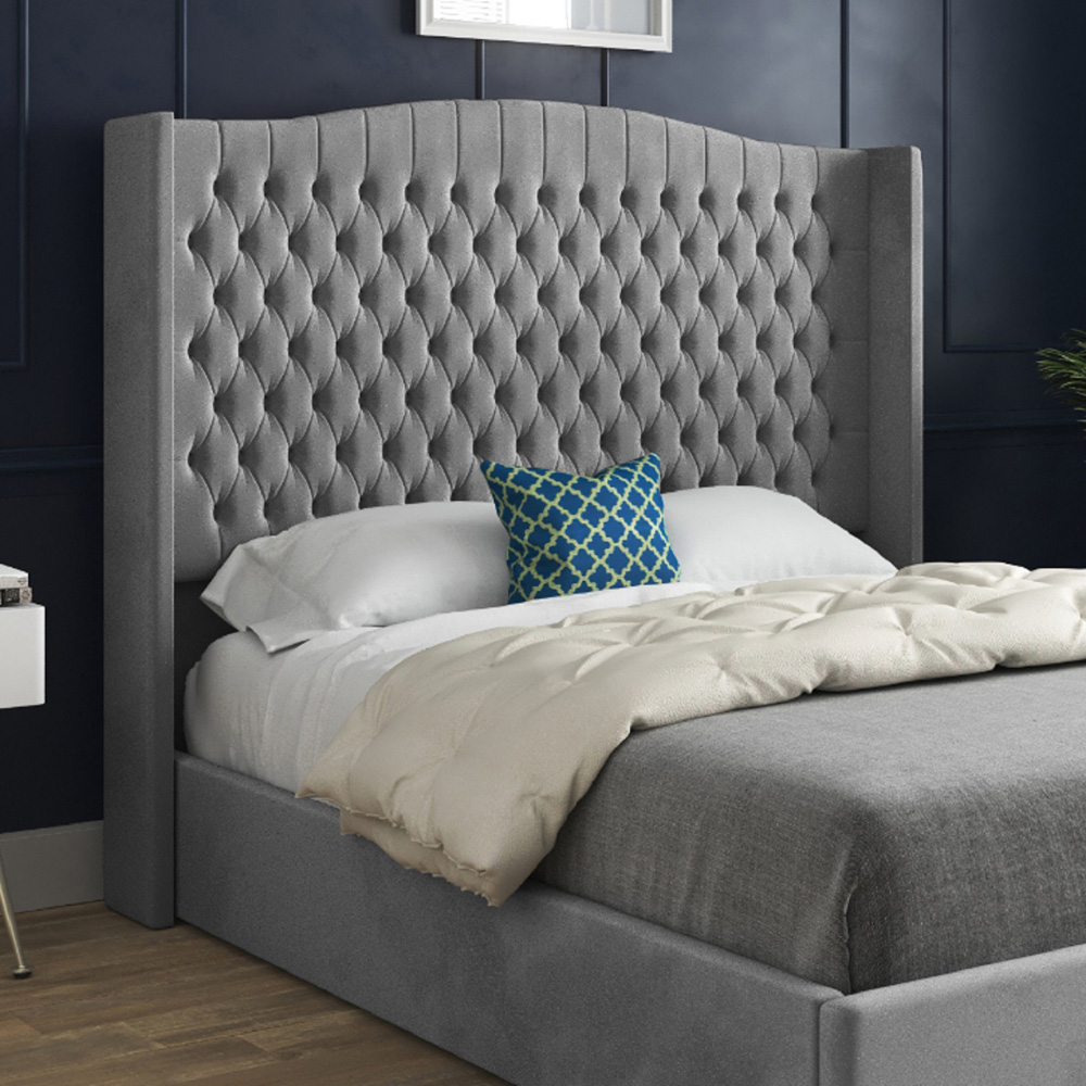 Rana Super King Size Grey Soft Velvet Upholstered Bed Frame with Curved Top Winged Headboard Image 3