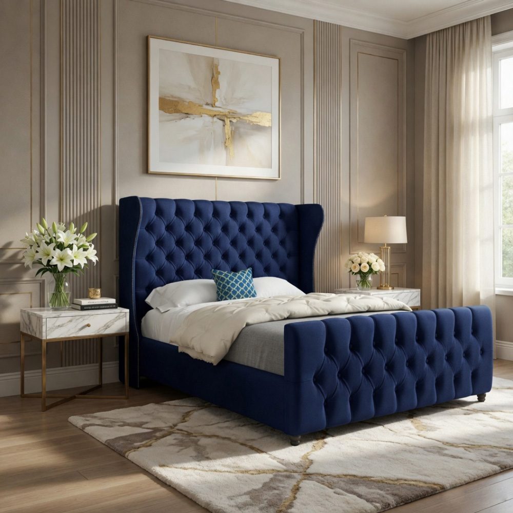 Donati Blue Double Velvet Upholstered Bed Frame with Straight Curved Top Headboard Image 5