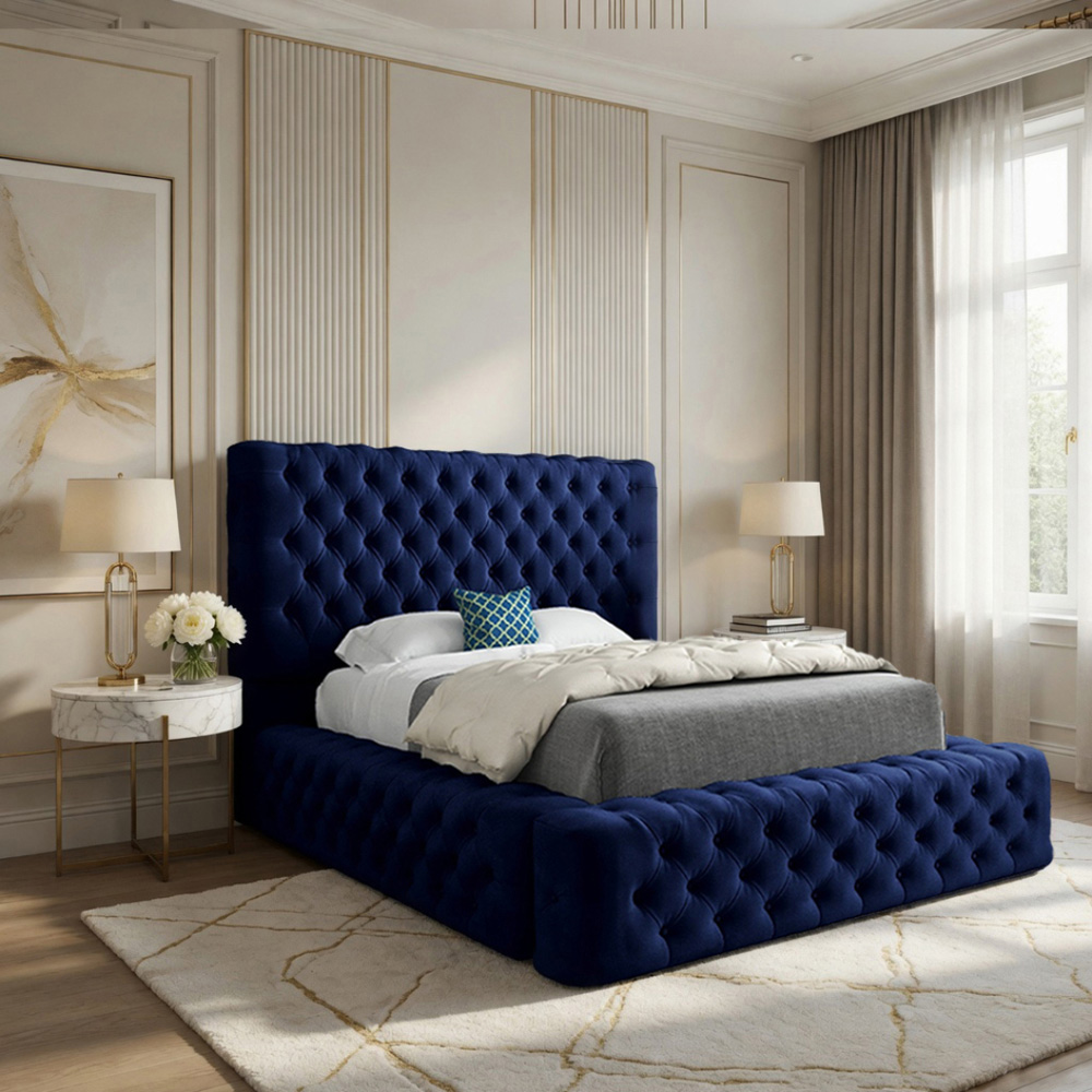 Grand Milan Blue Single Upholstered Bed Frame with Pleated Chesterfield Headboard Image 5