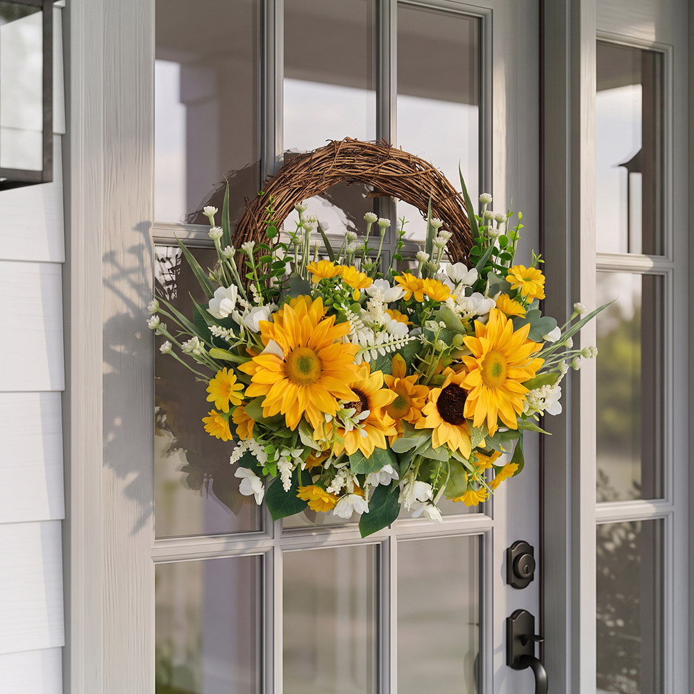 Living and Home Artificial Yellow Sunflower Door Wreath 45 x 36cm Image 7