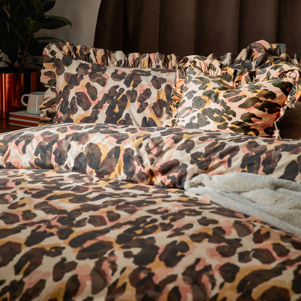 furn. Double Multicolour Leopard Printed Frill Trim Duvet Set Image 2