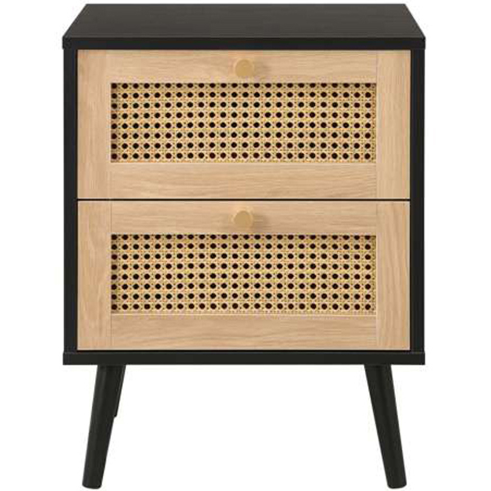 Croxley 2 Drawer Black and Oak Rattan Bedside Table Image 3
