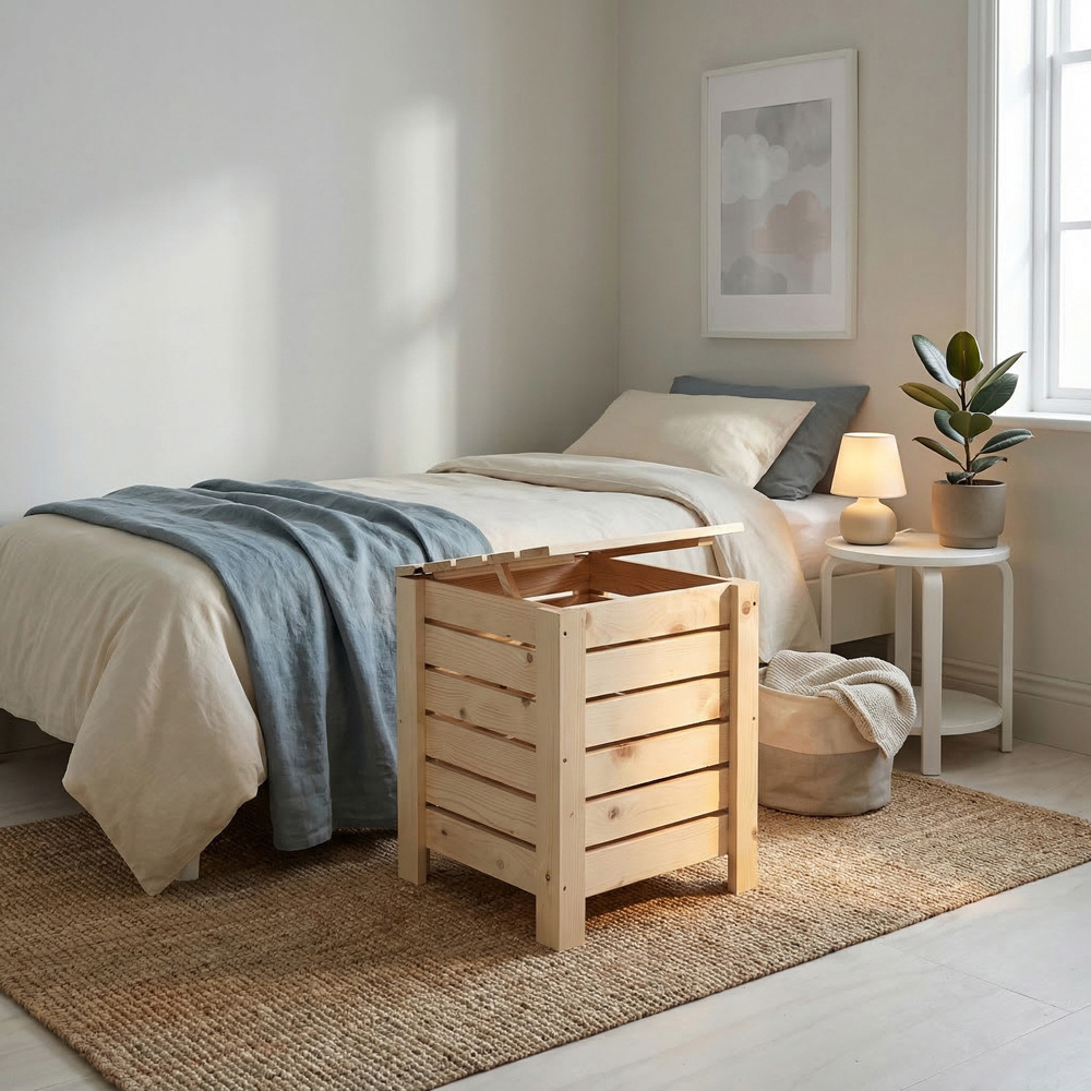 Core Products Natural Pre-Sanded Solid Pine Slatted Narrow Storage Box with Lid Image 8