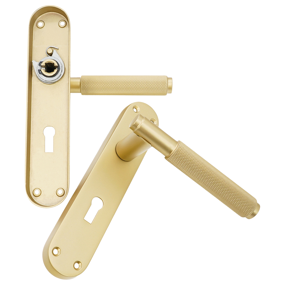 Spira Brass Connaught Satin Brass Knurled Lever Door Handle with Lock Backplate 2 Pack Image 3