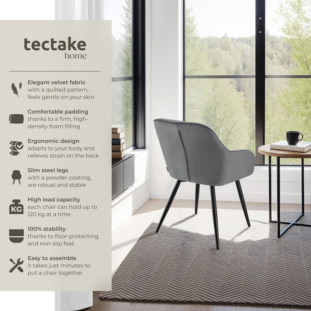 tectake Marilyn Set of 6 Grey and Black Quilted Velvet Dining Chair Image 3