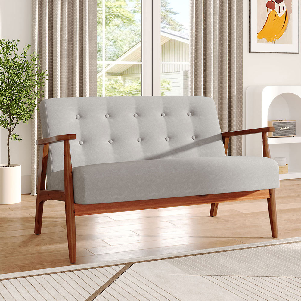 Living and Home 2 Seater Walnut and Light Grey Upholstered Tufted Sofa Image 8