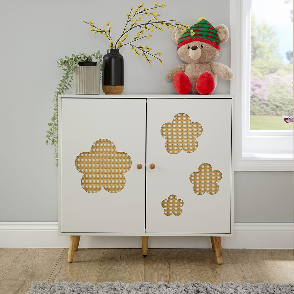 Home Source Daisy 2 Door White Cut Out Rattan Insert Kids Storage Cabinet Image 4