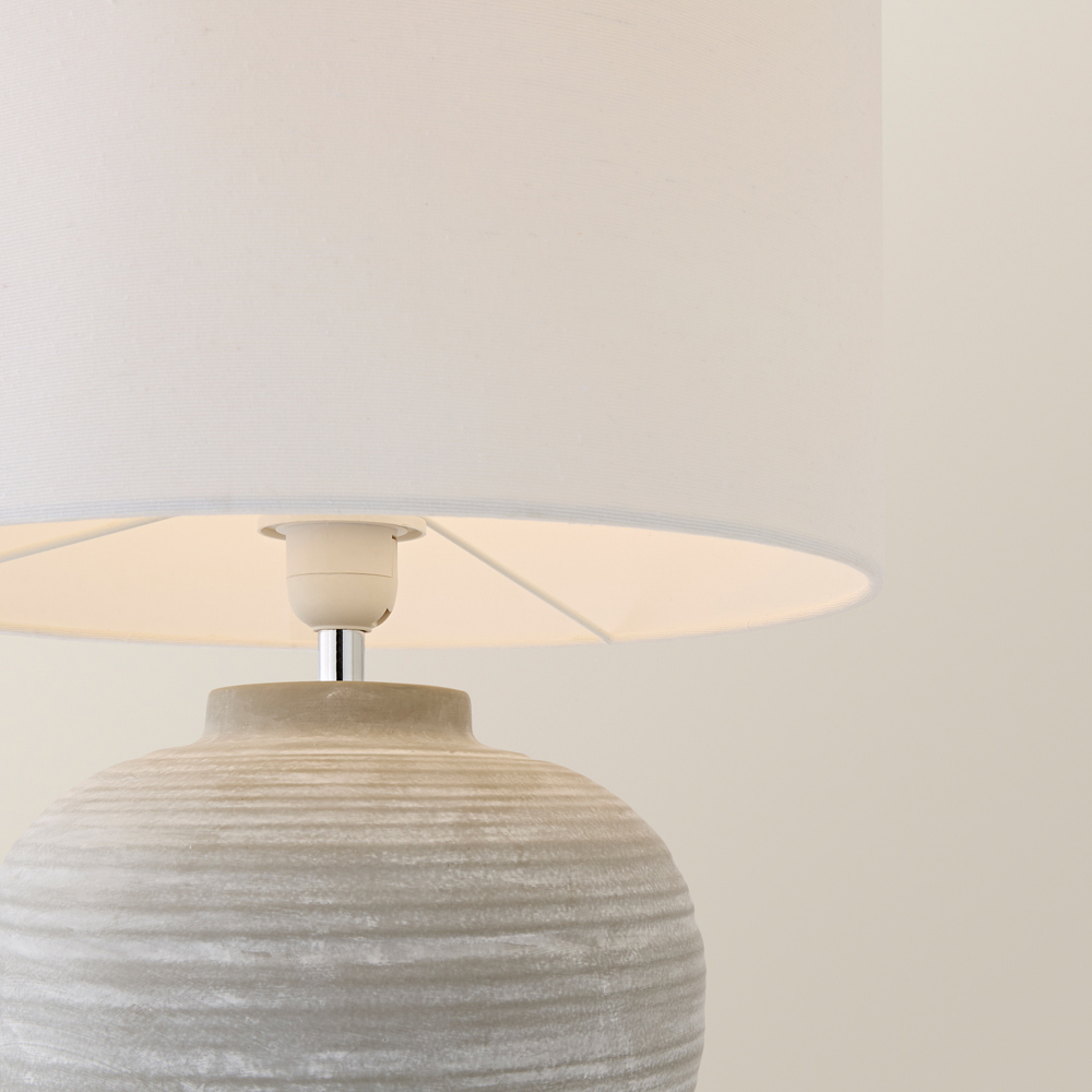 ValueLights Reid Linen Drum Lamp Shade Stone Grey Ribbed Ceramic Large LED Table Lamp Image 4