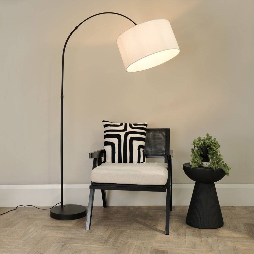 ValueLights Louis White Fabric Drum Shade Black Curved LED Floor Lamp Image 2