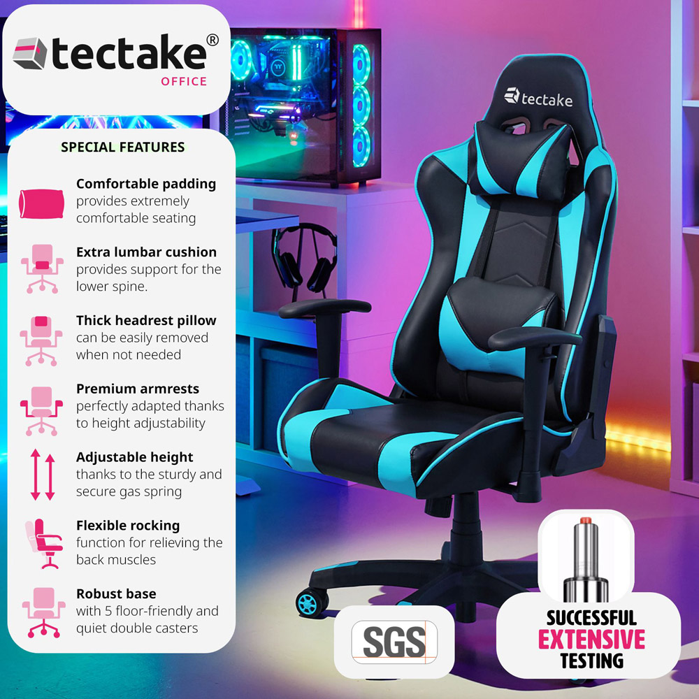 tectake Stealth Black and Azure Gaming Chair Image 3