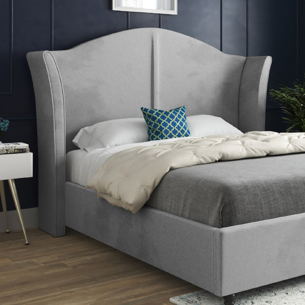 Zampa Small Double Grey Soft Velvet Upholstered Bed Frame with Curved Winged Headboard Image 3