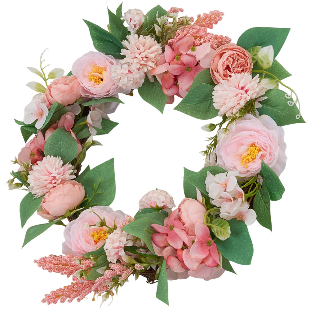 Living and Home Artificial Pink Ranunculus and Camellia Door Wreath 40cm Image 3