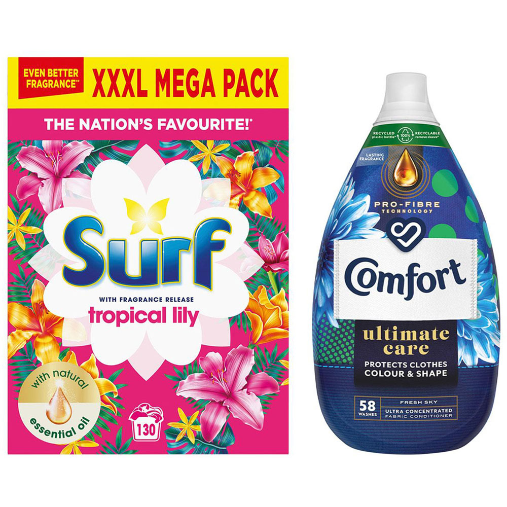 Surf Tropical Lily Laundry Powder with Comfort Fresh Sky Fabric Conditioner Image 1