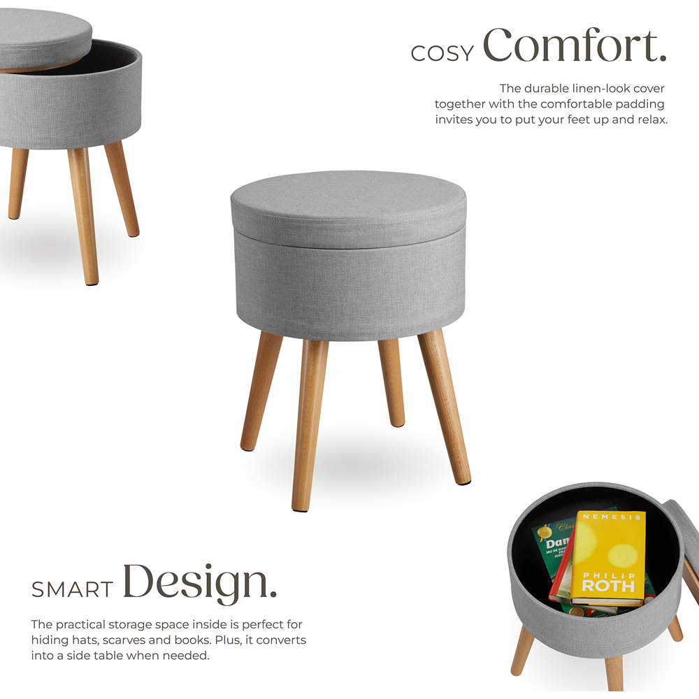 tectake Yara Light Grey Linen Look Padded Round Stool with Storage Image 3