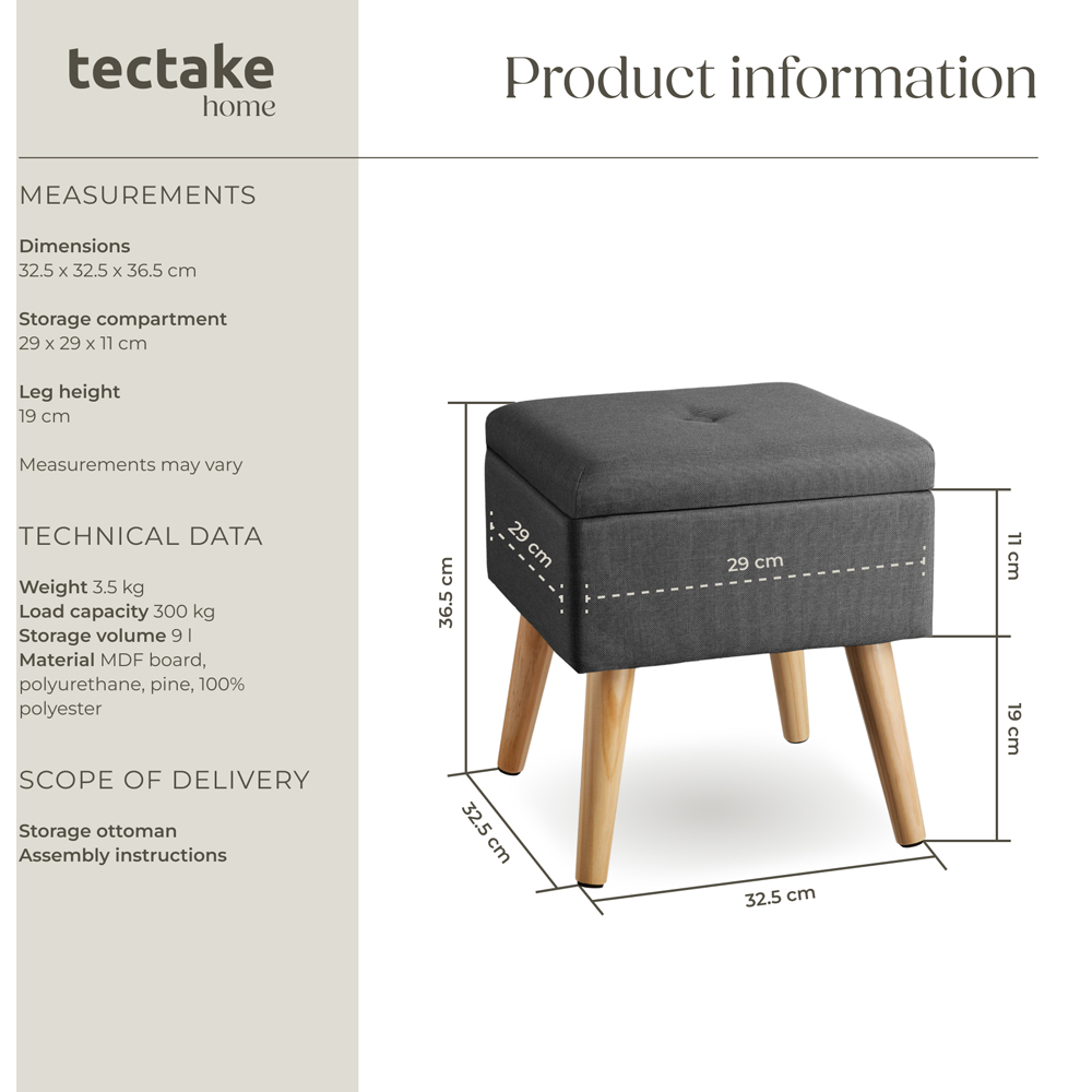 tectake Elva Dark Grey Linen Look Padded Stool with Storage Image 9