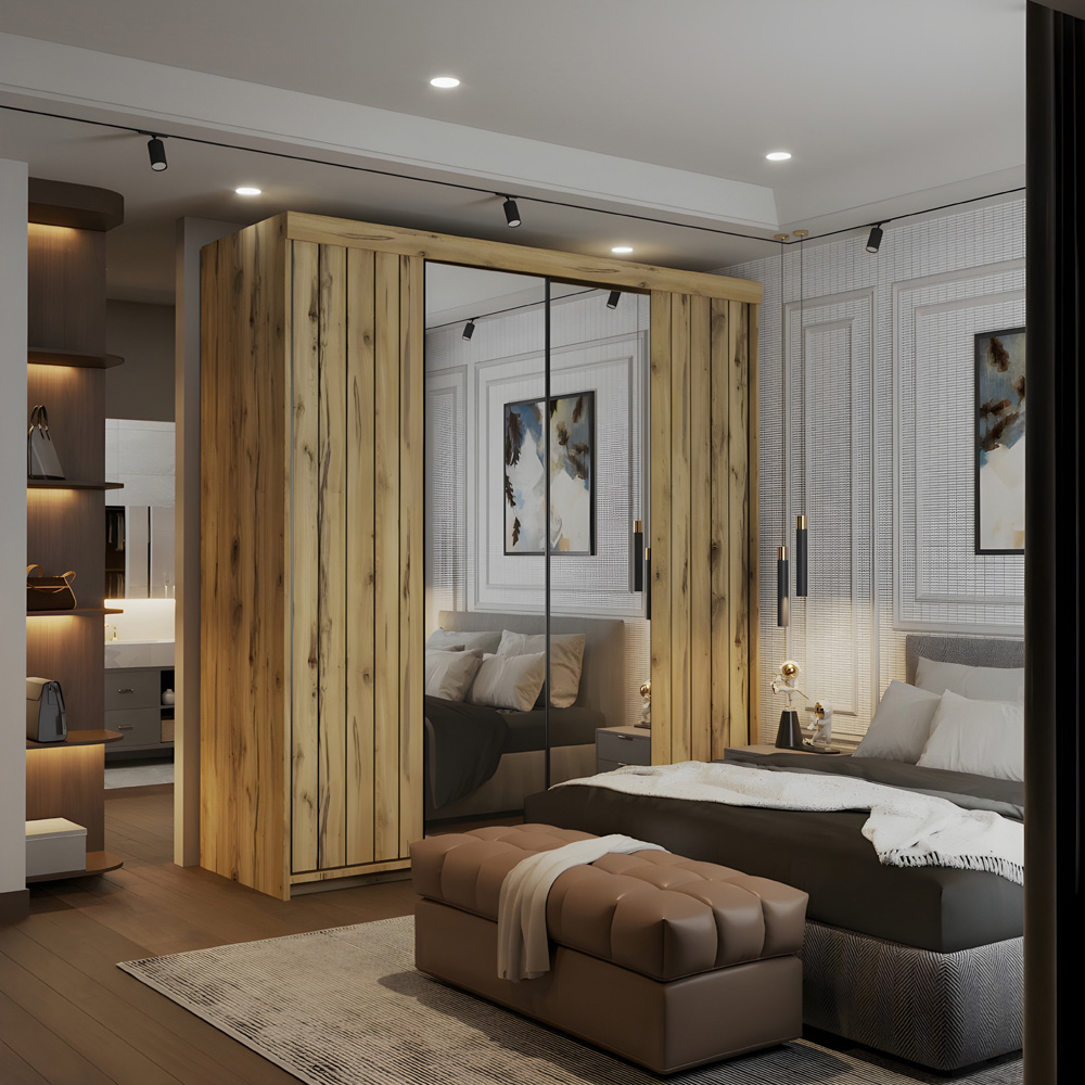 Sliding Wardrobes 4U 2 Sliding Door Oak Modern Black Trim Mirrored Wardrobe 150cm Image 3