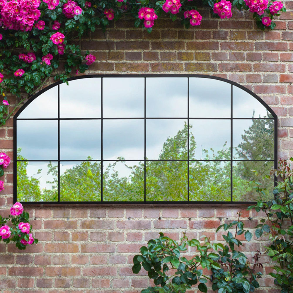 MirrorOutlet The Arcus Black Metal Arched Outdoor Window Garden Wall Mirror 174 x 85cm Image 2