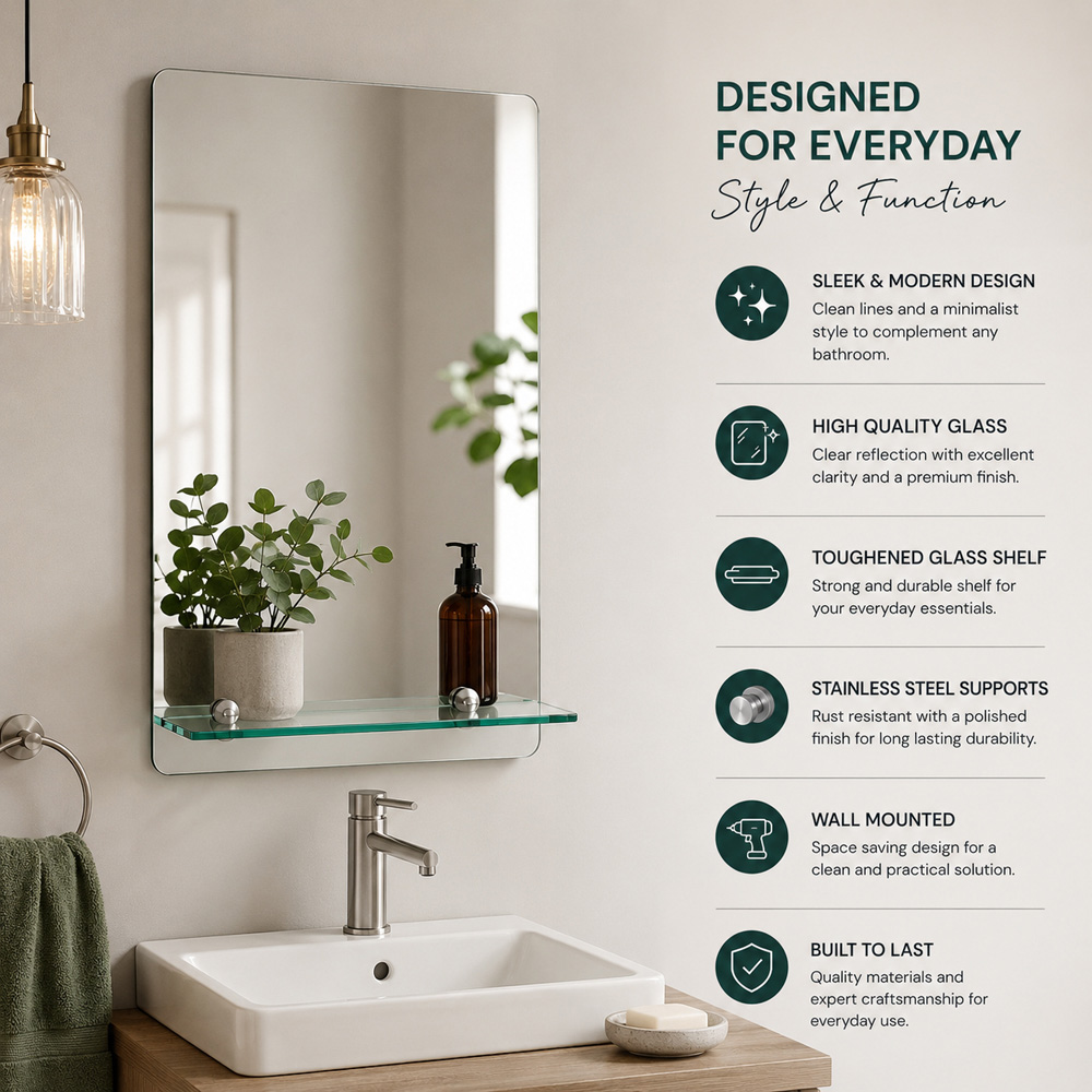 Go Bathrooms Nuto Rectangular Bathroom Mirror with Glass Shelf 450 x 600mm Image 5