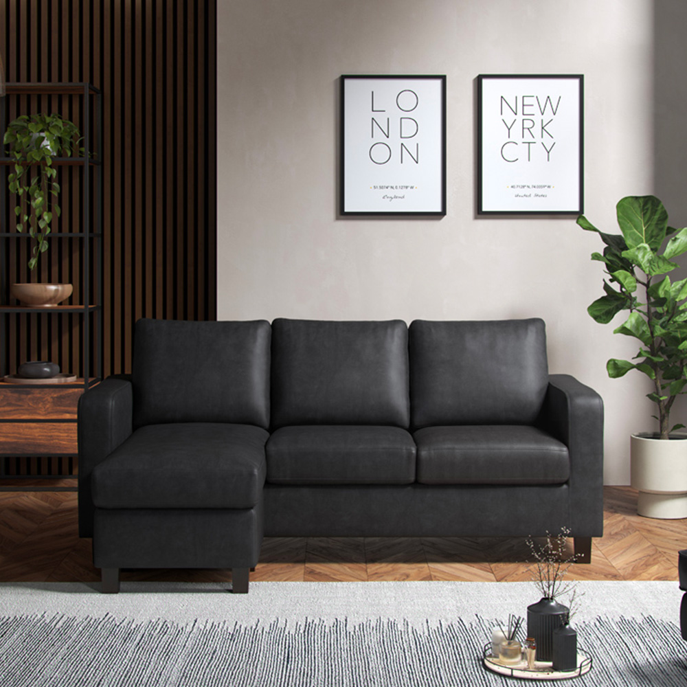 Monroe 3 Seater Black PU Leather Reversible Chaise Sofa Image 3