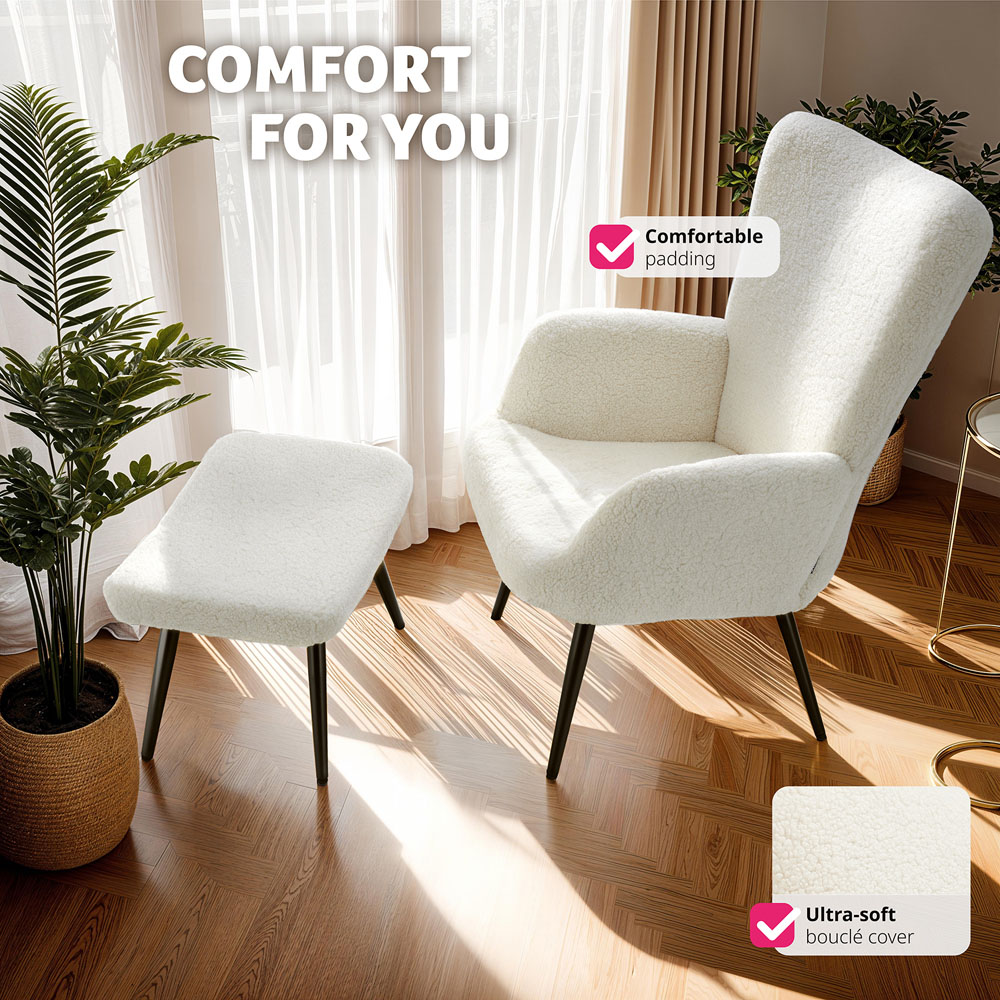 tectake Hygge Cream and Black Boucle Padded Armchair with Stool Image 6