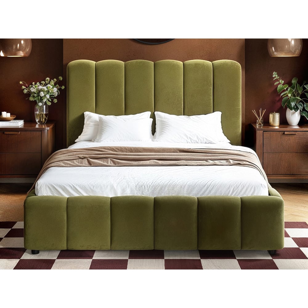 Solace+Co Emilie Double Green Velvet Ribbed Ottoman Bed Image 5