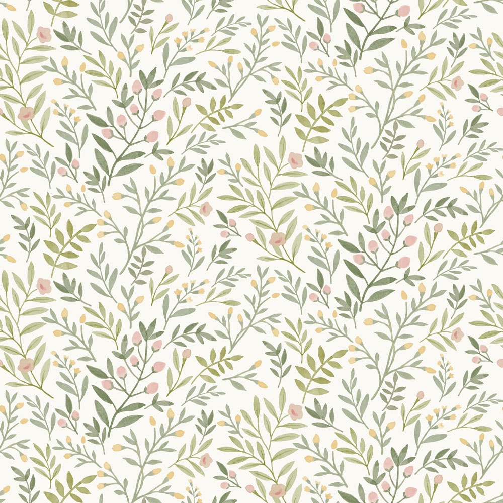 Grandeco Inia Leafy Trail Foliage and Flowers Textured Sage and Pink Wallpaper Image 3