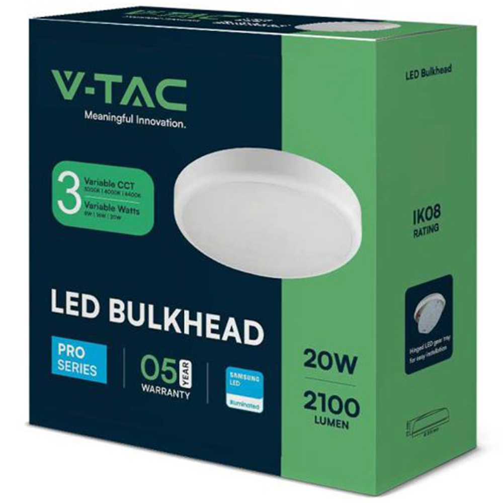 V-TAC All in One White Round CCT and Wattage Switchable Bulkhead Light Image 3