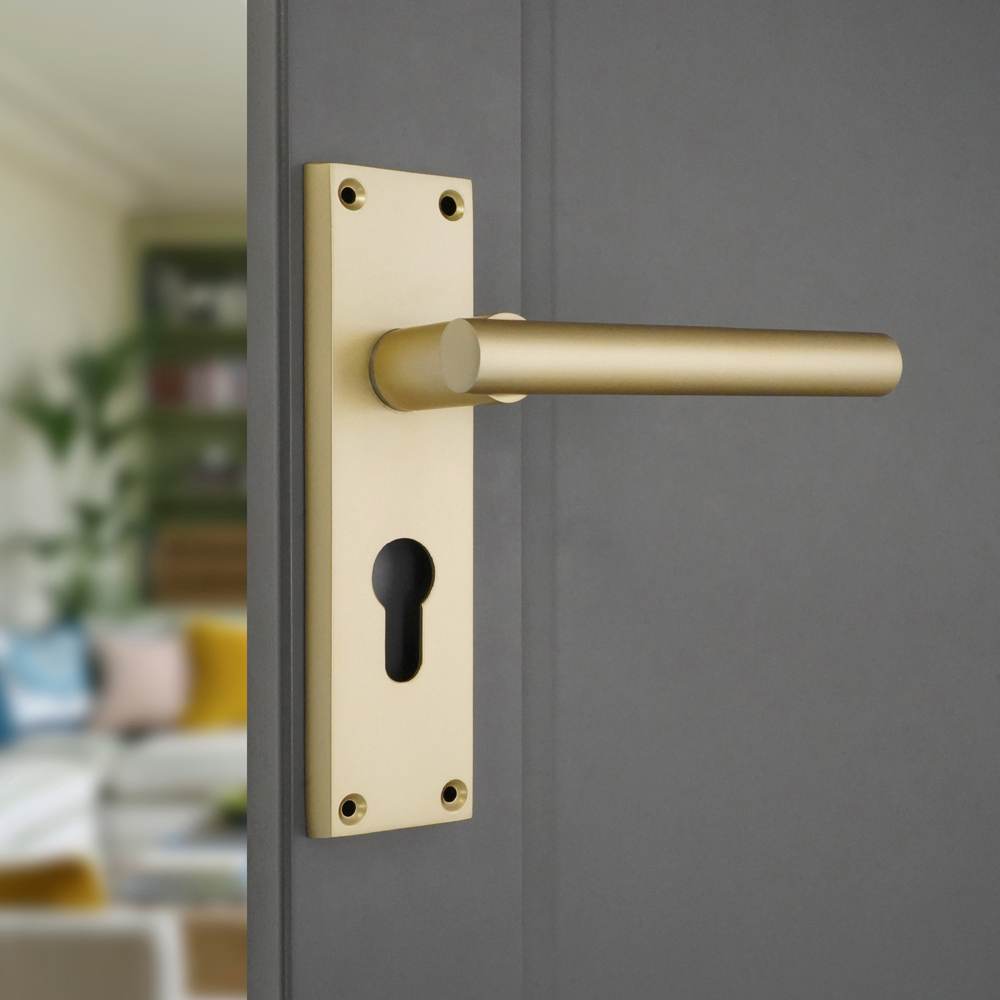 Spira Brass Jura Satin Brass Lever on Backplate Door Handle with Euro Keyhole 2 Pack Image 2