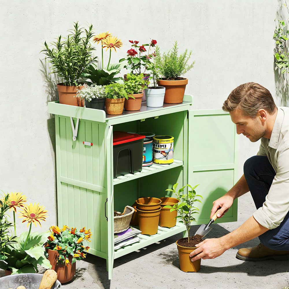 Outsunny 2.8 x 2.4ft 2 Shelf Light Green Wooden Garden Storage Shed with Hinged Roof Image 3