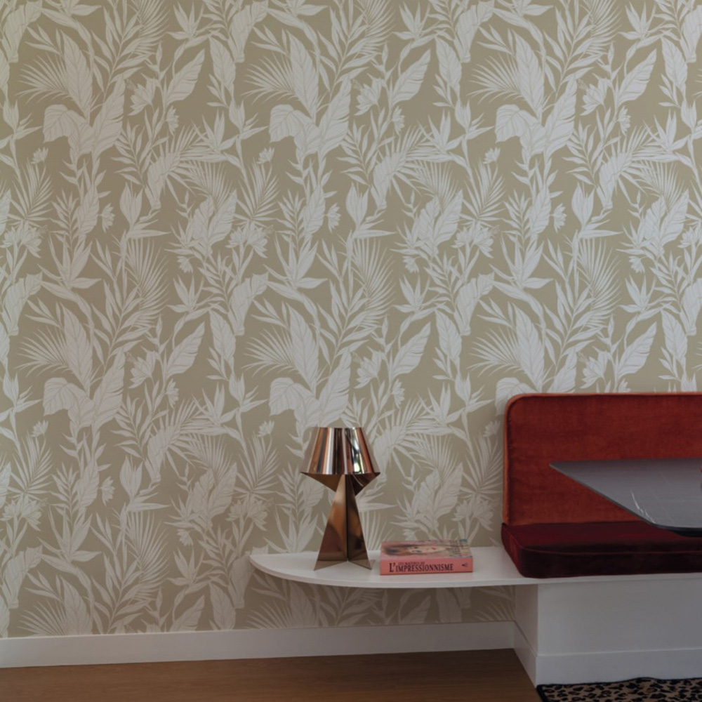 Grandeco Glistening Lucia Tropical Foliage Beige Vinyl Wallpaper Image 3