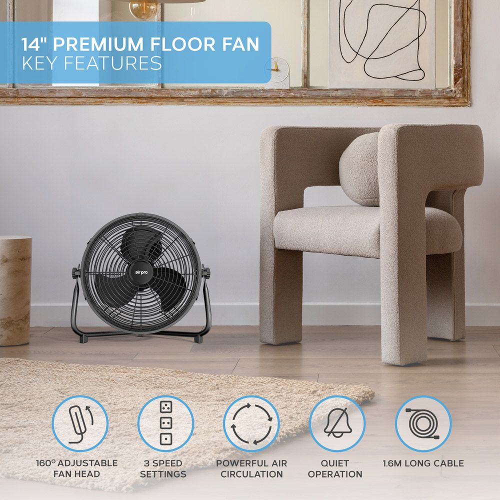 Air Pro Black 3 Speed Powerful Air Cooling and Circulating Floor Fan 14 inch Image 7