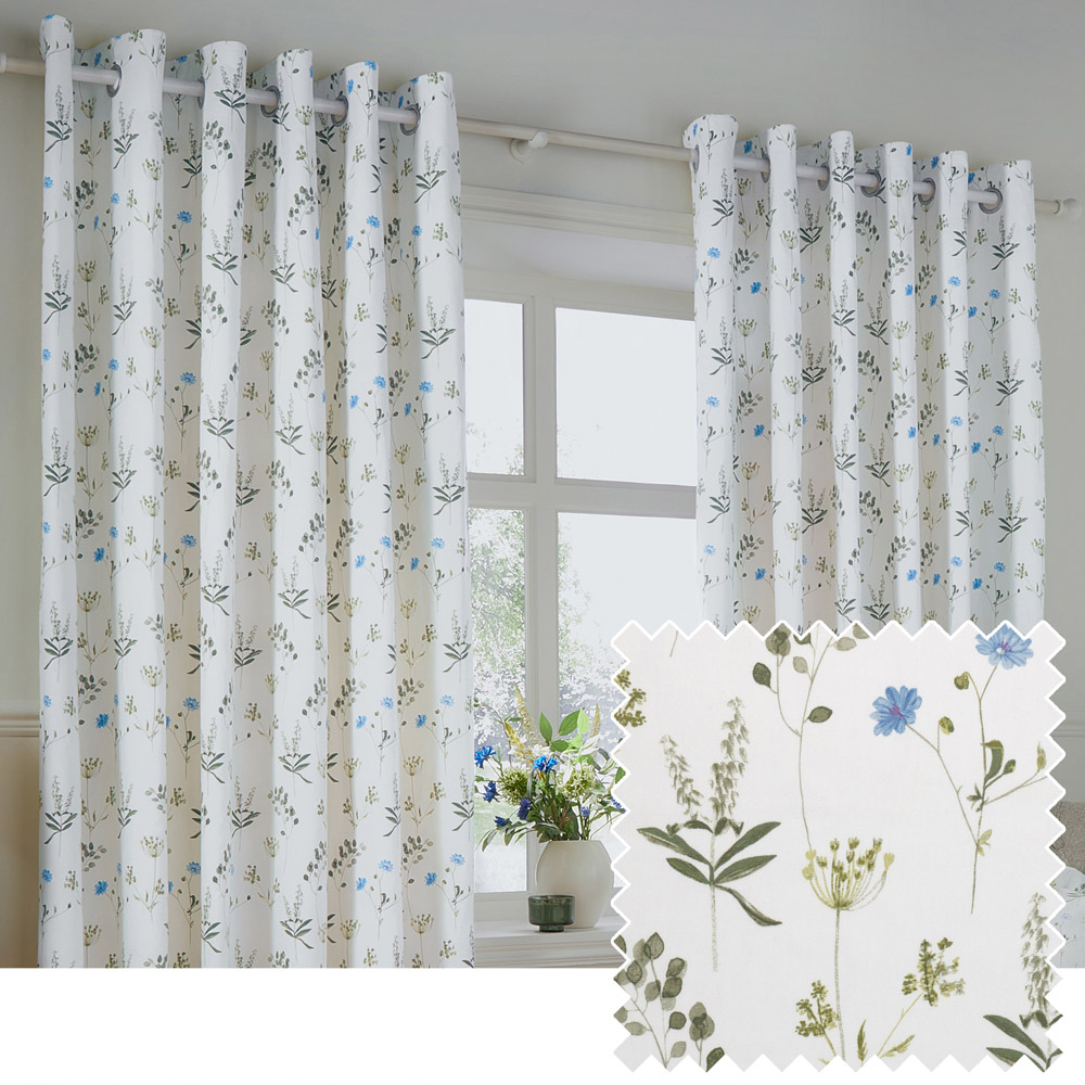 Wylder Nature Meadow Cotton Lined Eyelet Curtains White and Cornflower 168 x 183cm Image 7