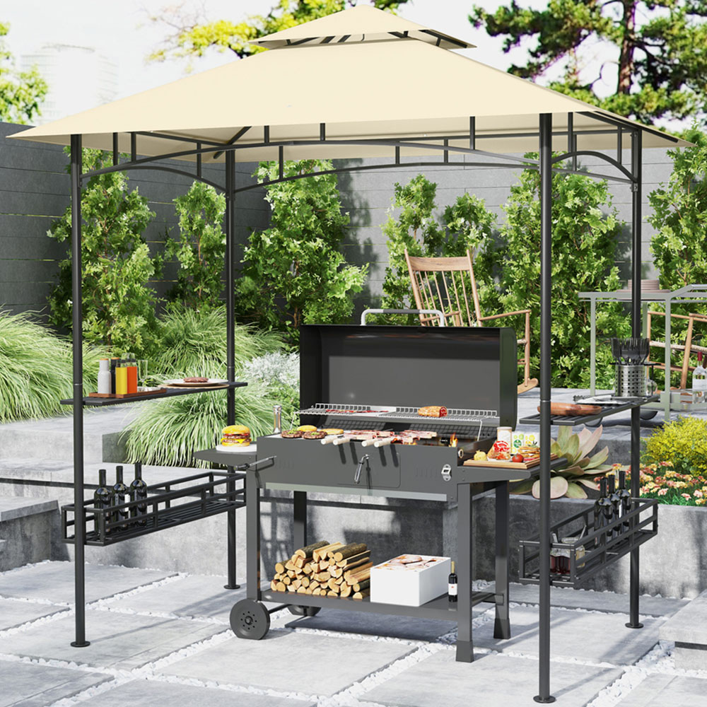 Outsunny 1.5 x 2.4m Beige Grill Canopy Gazebo with 2 Side Shelves and Hook Image 1